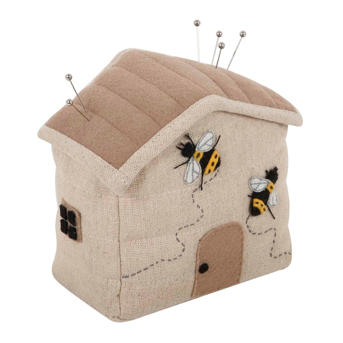 Beehive house pincushion with felt bees