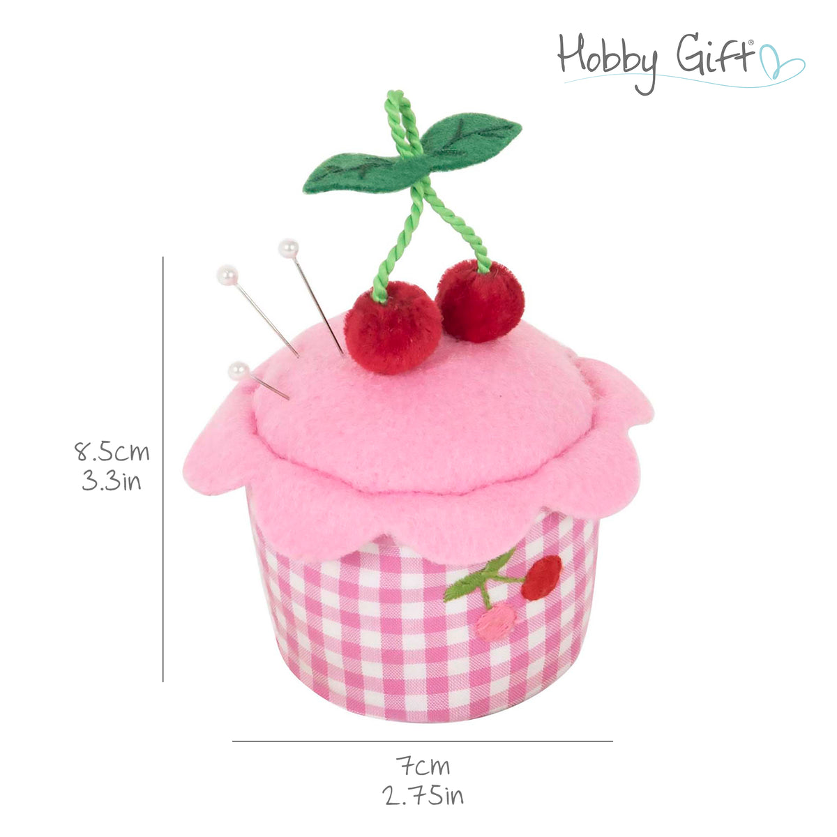 Gingham cupcake pincushion with cherries on top