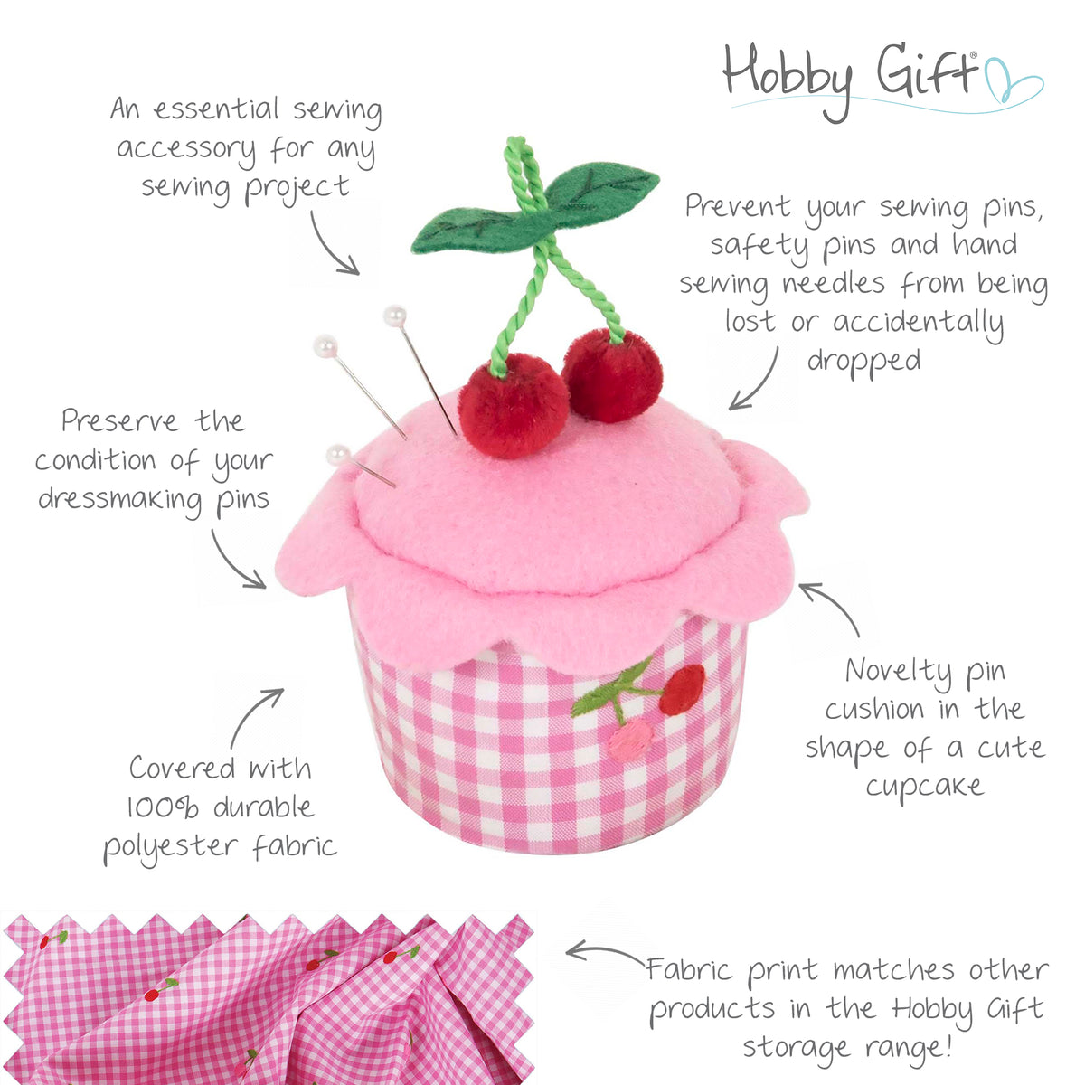 Gingham cupcake pincushion with cherries on top