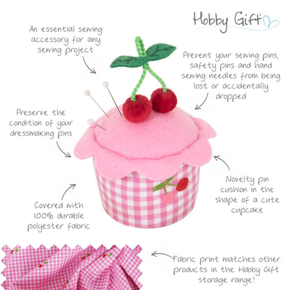 Gingham cupcake pincushion with cherries on top