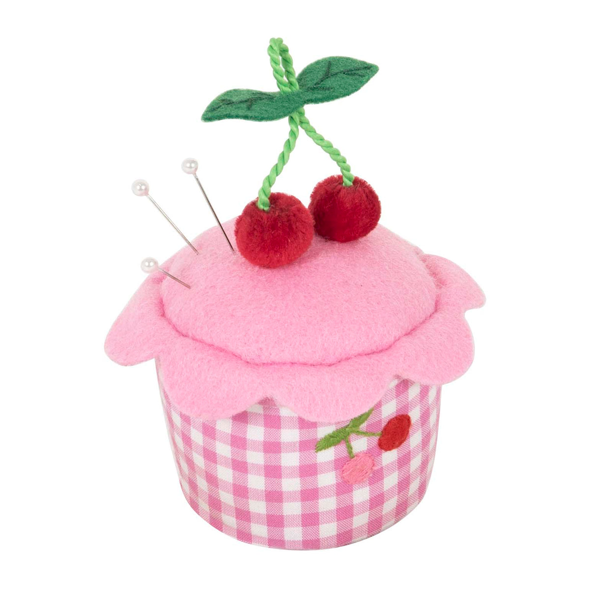 Gingham cupcake pincushion with cherries on top