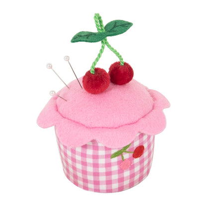 Gingham cupcake pincushion with cherries on top