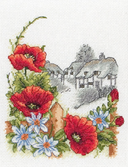 Anchor Summer Days cross stitch kit showing a village scene framed by poppies