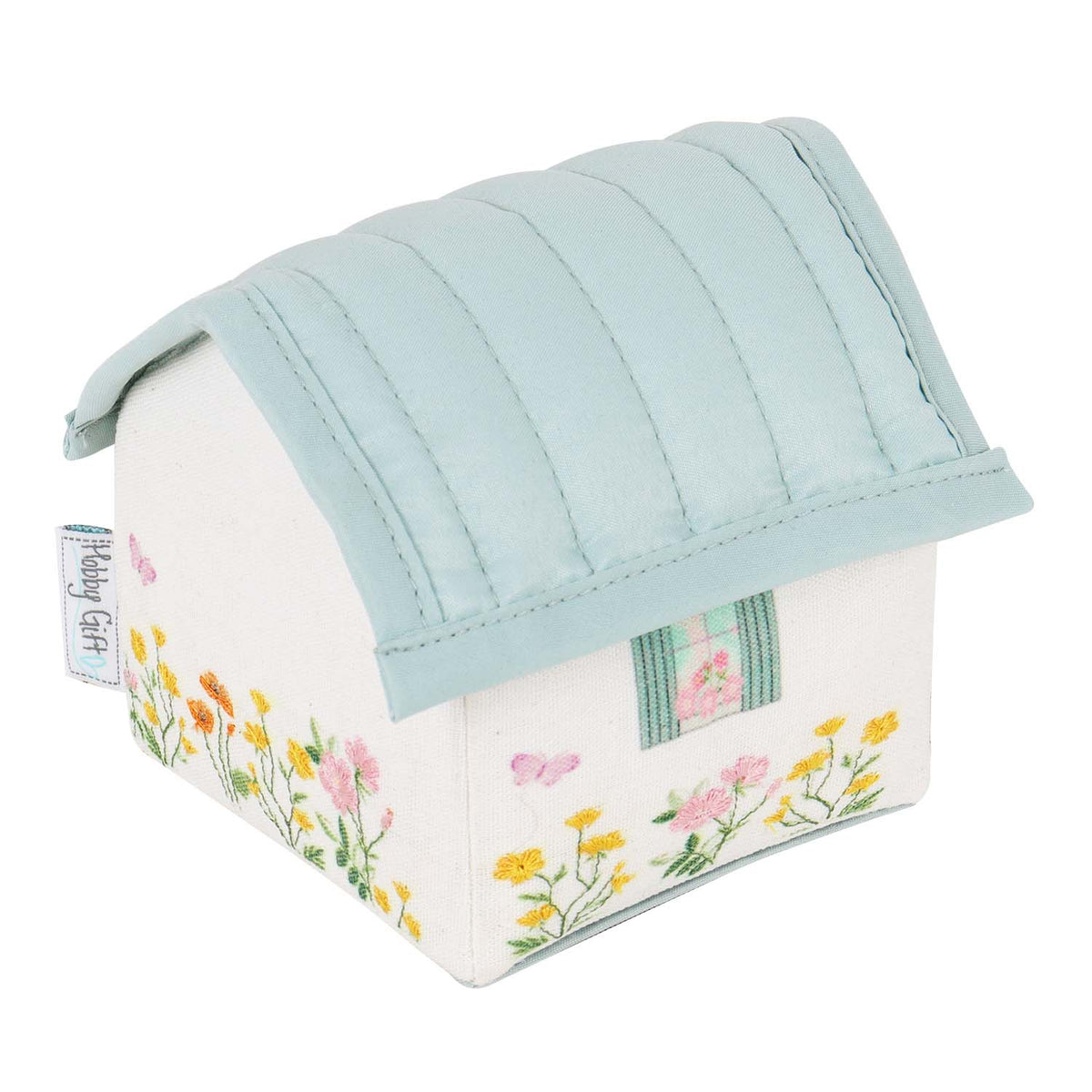 Cottage shaped pincushion with embroidered flowers