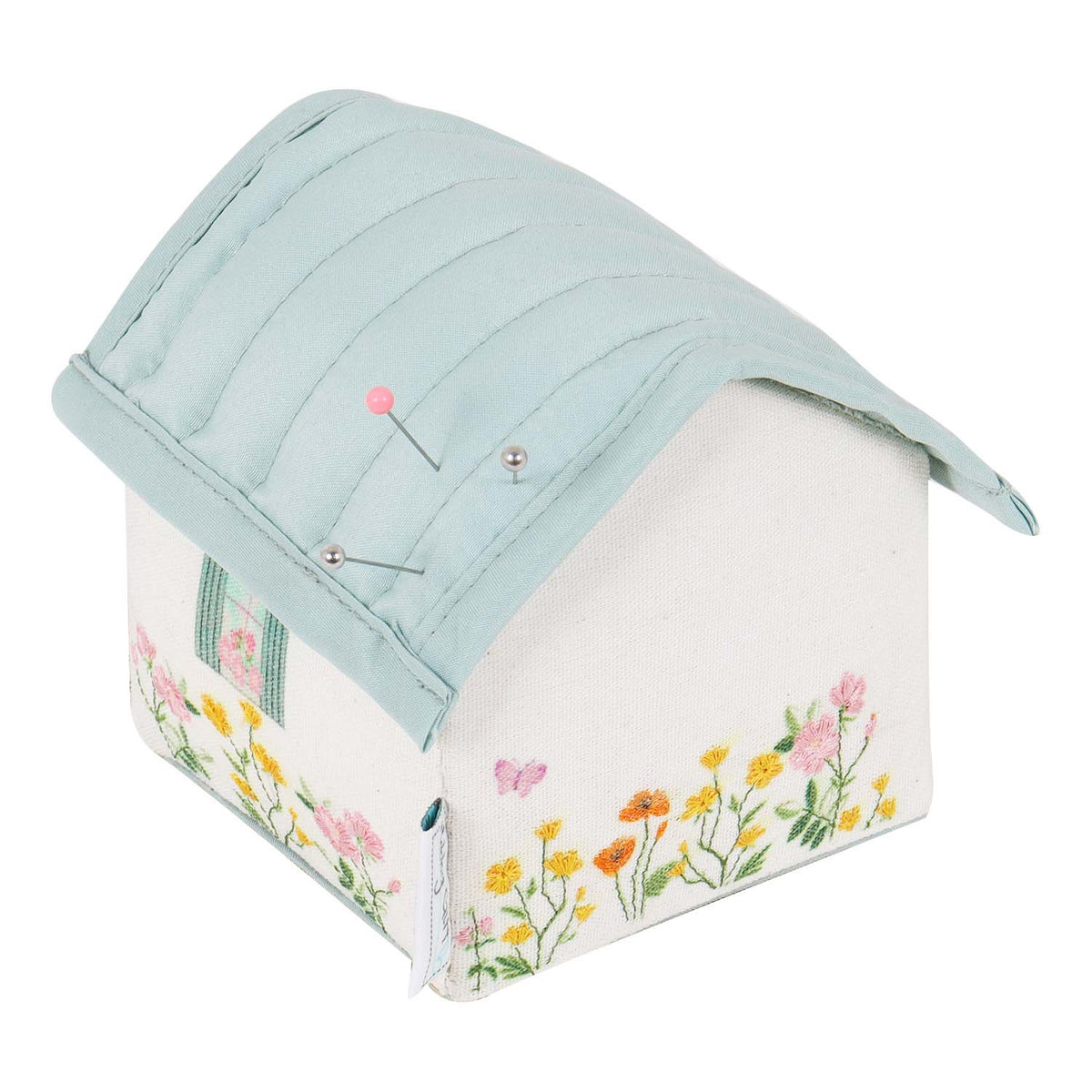 Cottage shaped pincushion with embroidered flowers