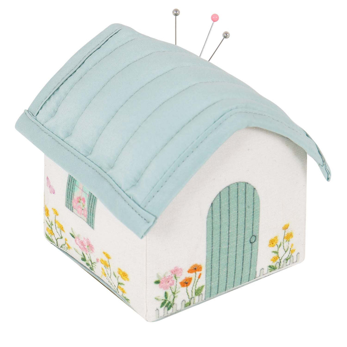 Cottage shaped pincushion with embroidered flowers