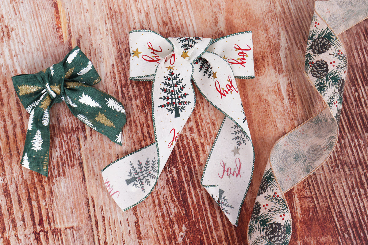Reel of festive printed wire edge ribbon