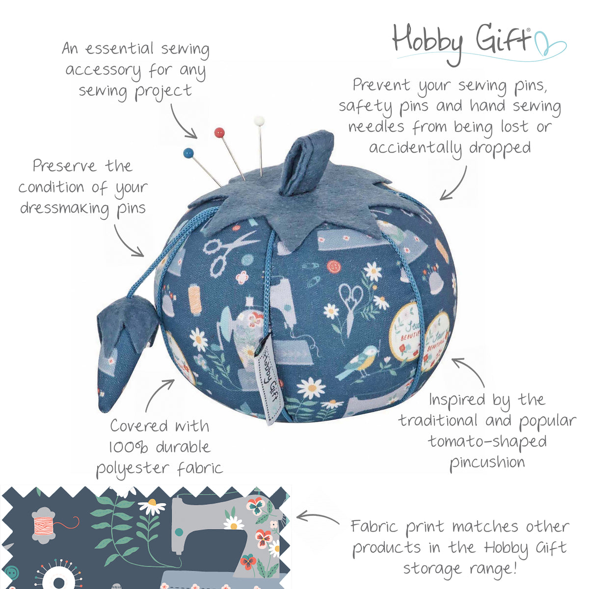 Tomato pincushion in a sewing machine print fabric
