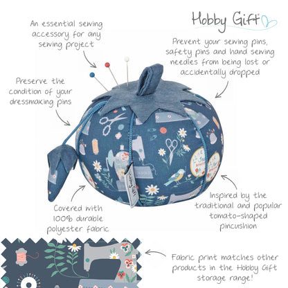 Tomato pincushion in a sewing machine print fabric
