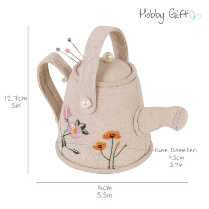 Watering can pincushion with embroidered wildflowers