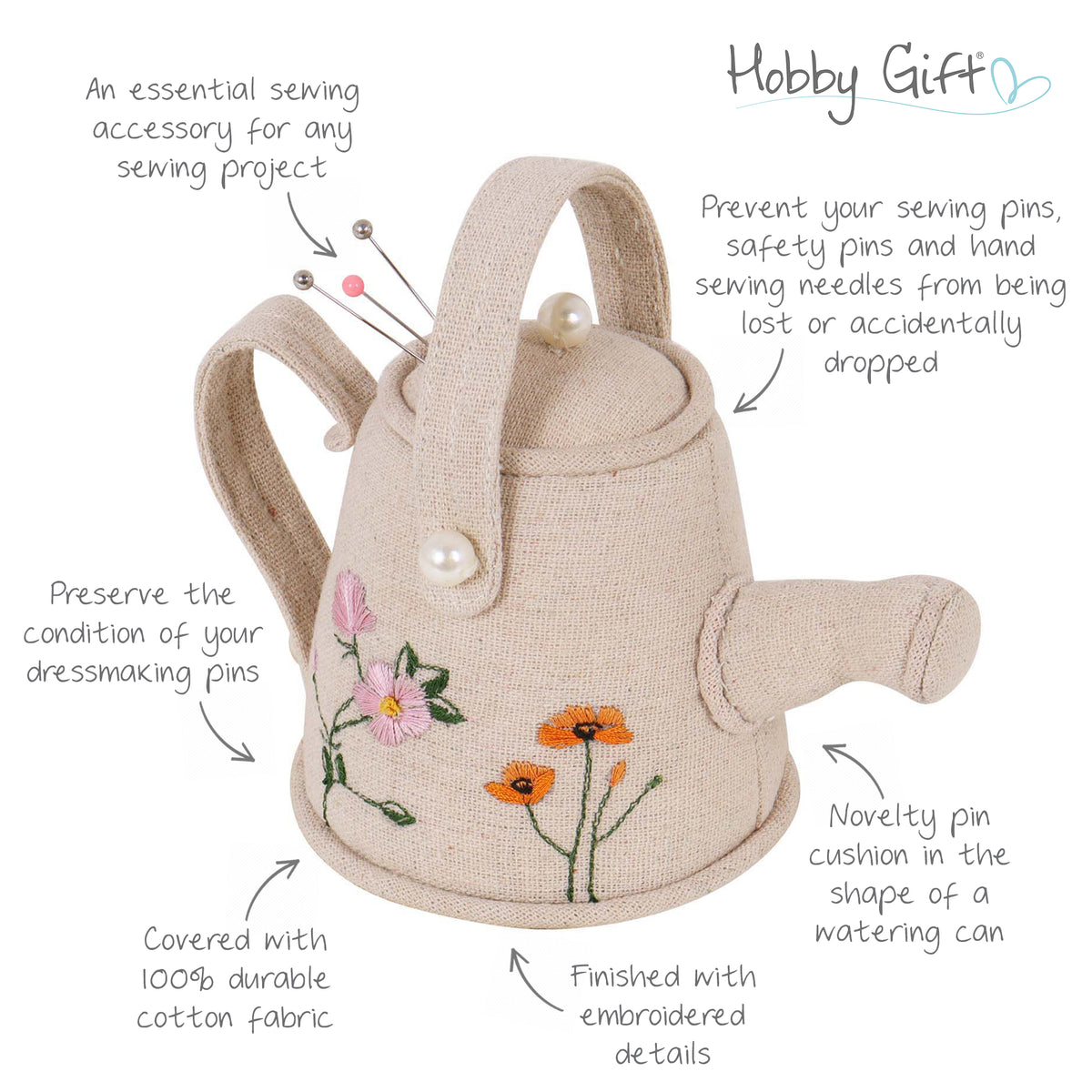 Watering can pincushion with embroidered wildflowers