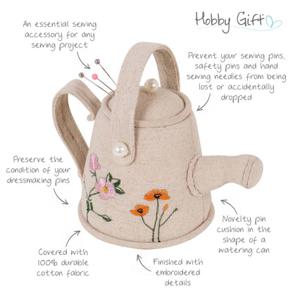 Watering can pincushion with embroidered wildflowers