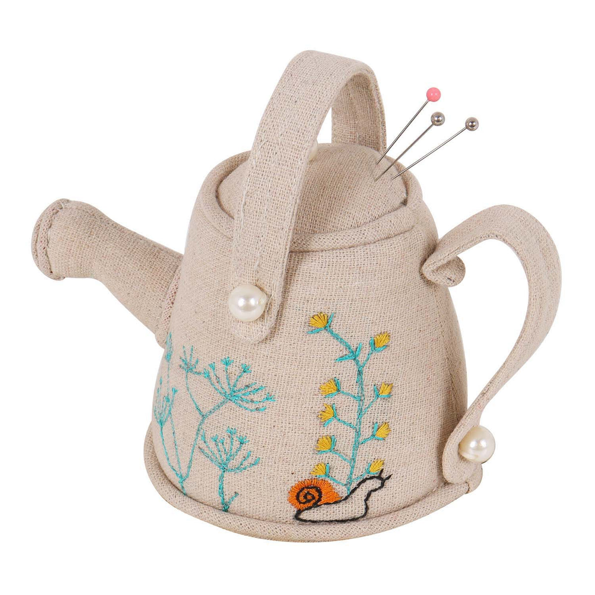 Watering can pincushion with embroidered wildflowers