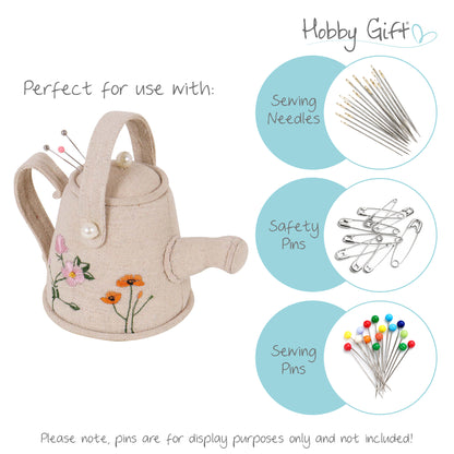 Watering can pincushion with embroidered wildflowers