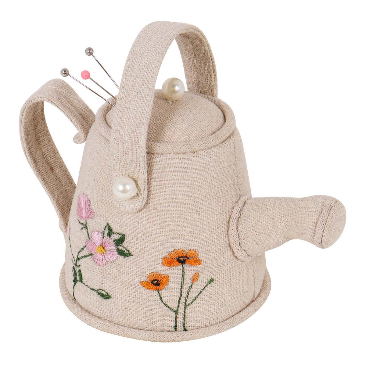Watering can pincushion with embroidered wildflowers