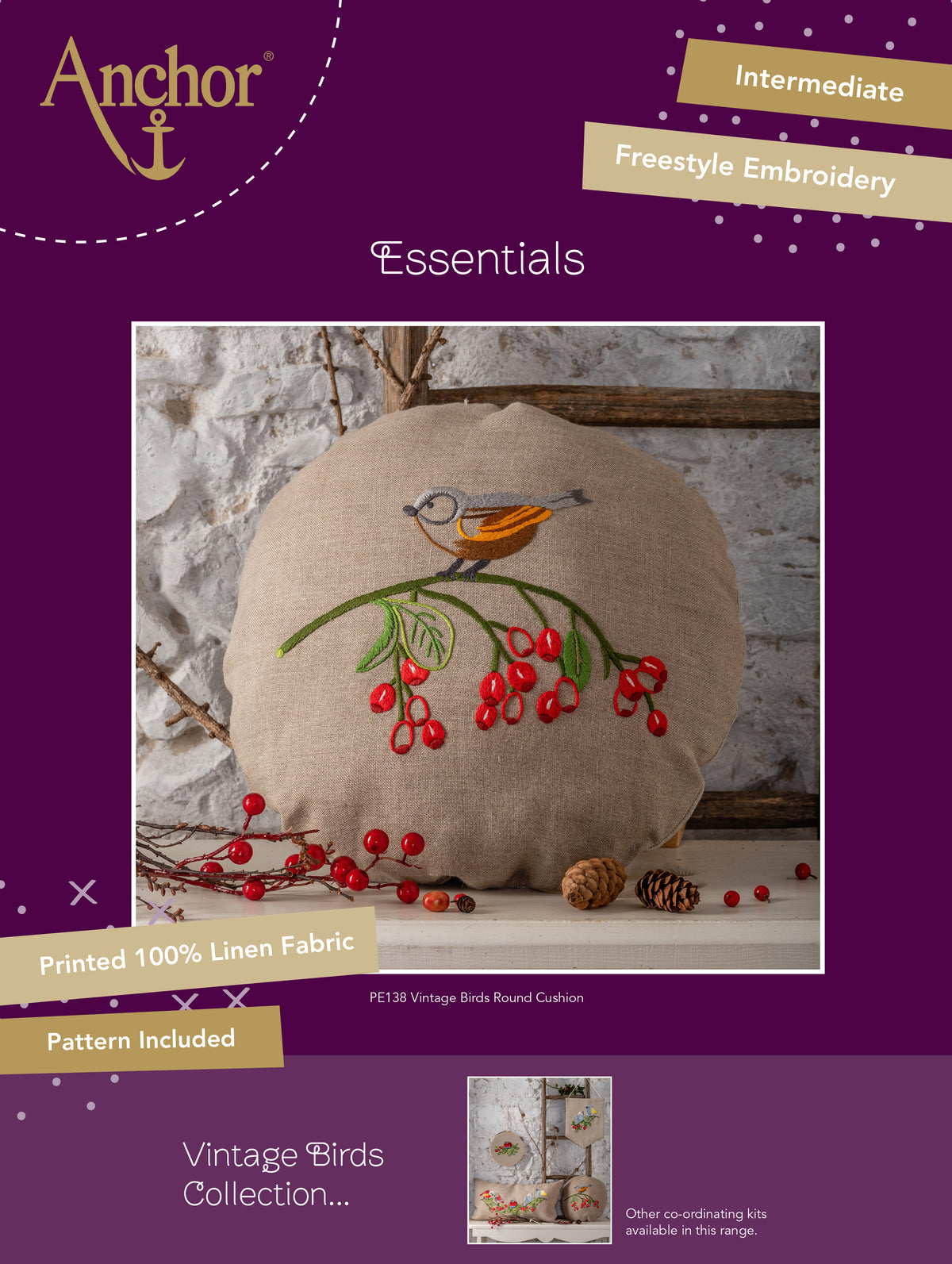 Round embroidered cushion with vintage bird design