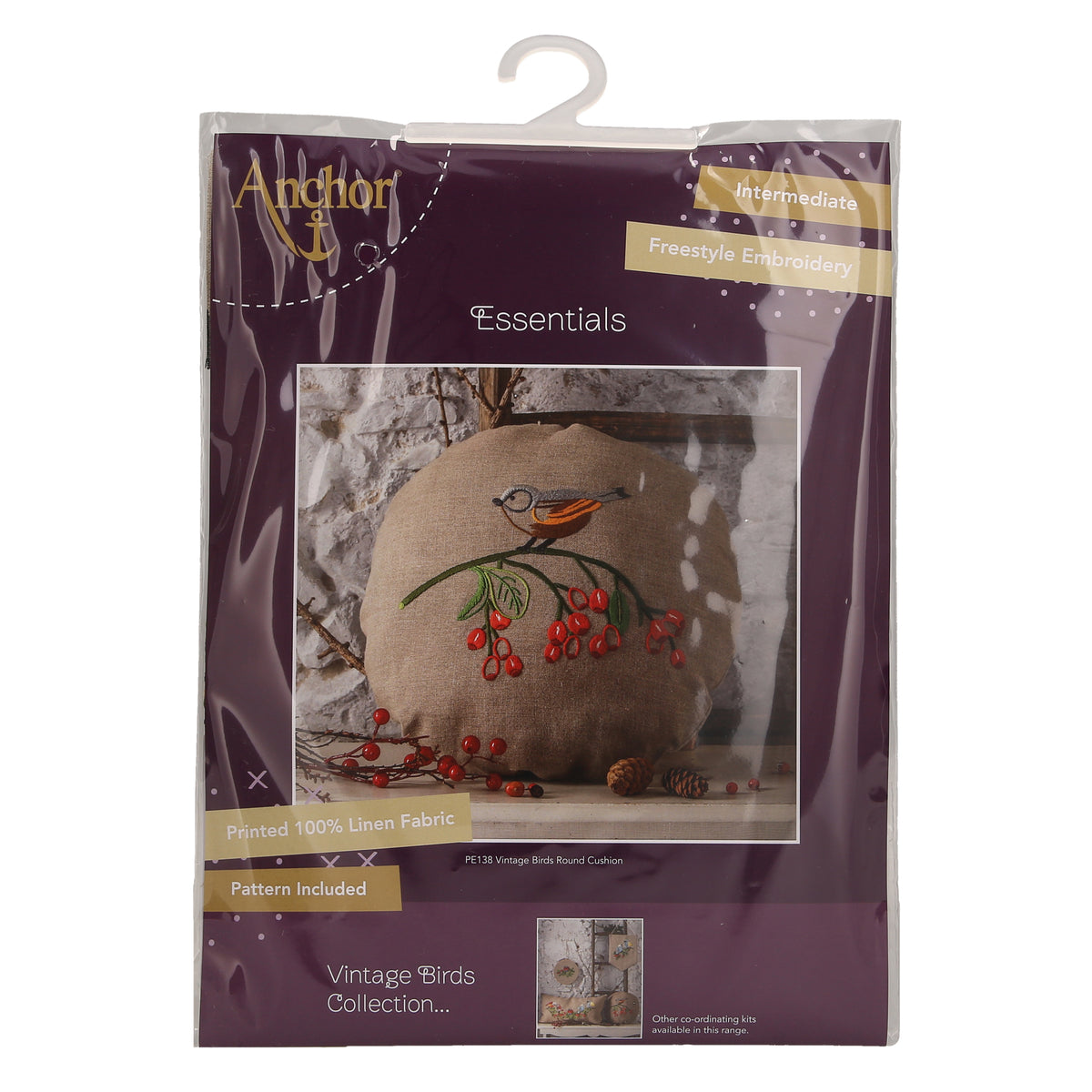 Round embroidered cushion with vintage bird design