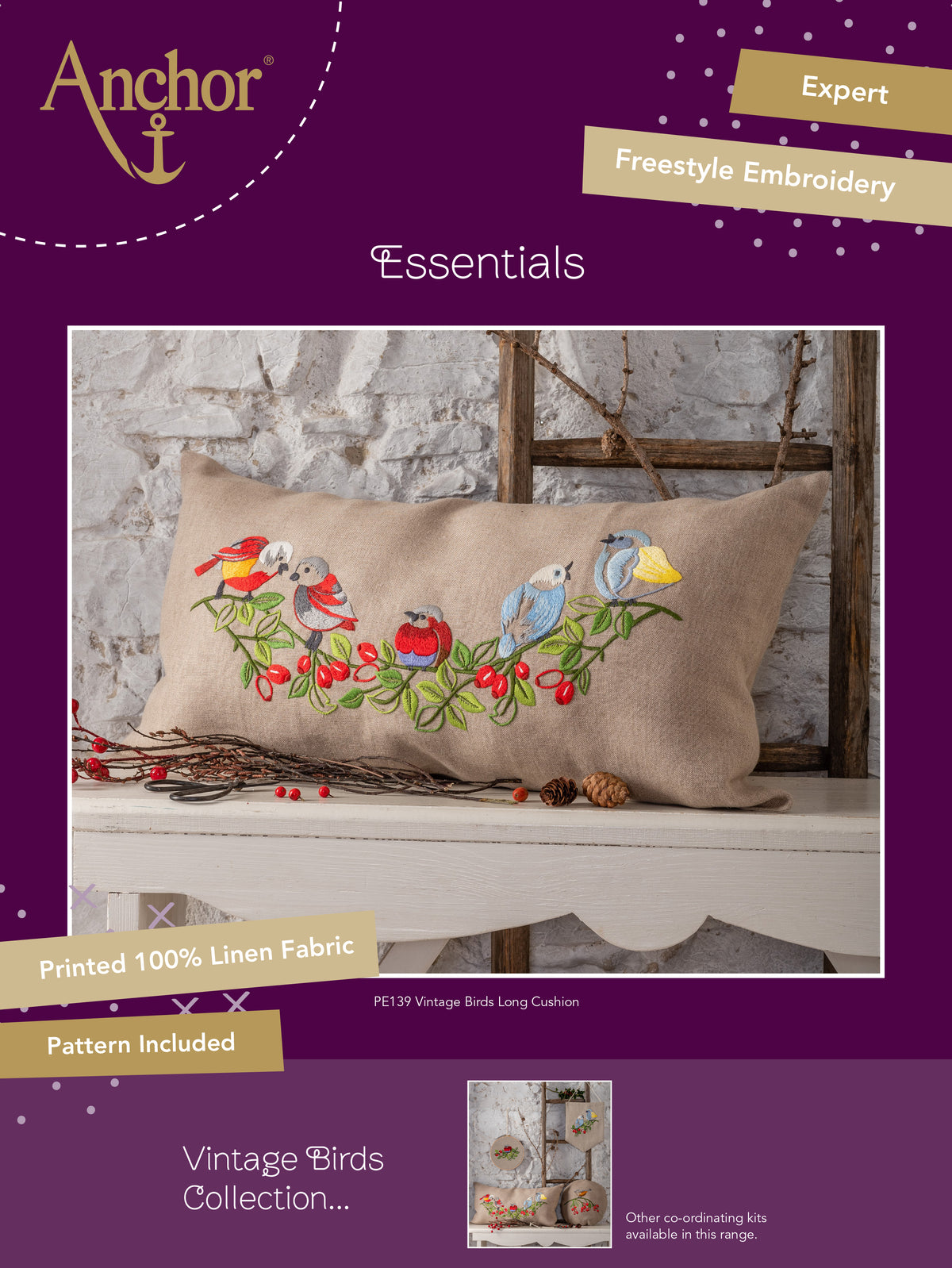 Long embroidered cushion with vintage bird design