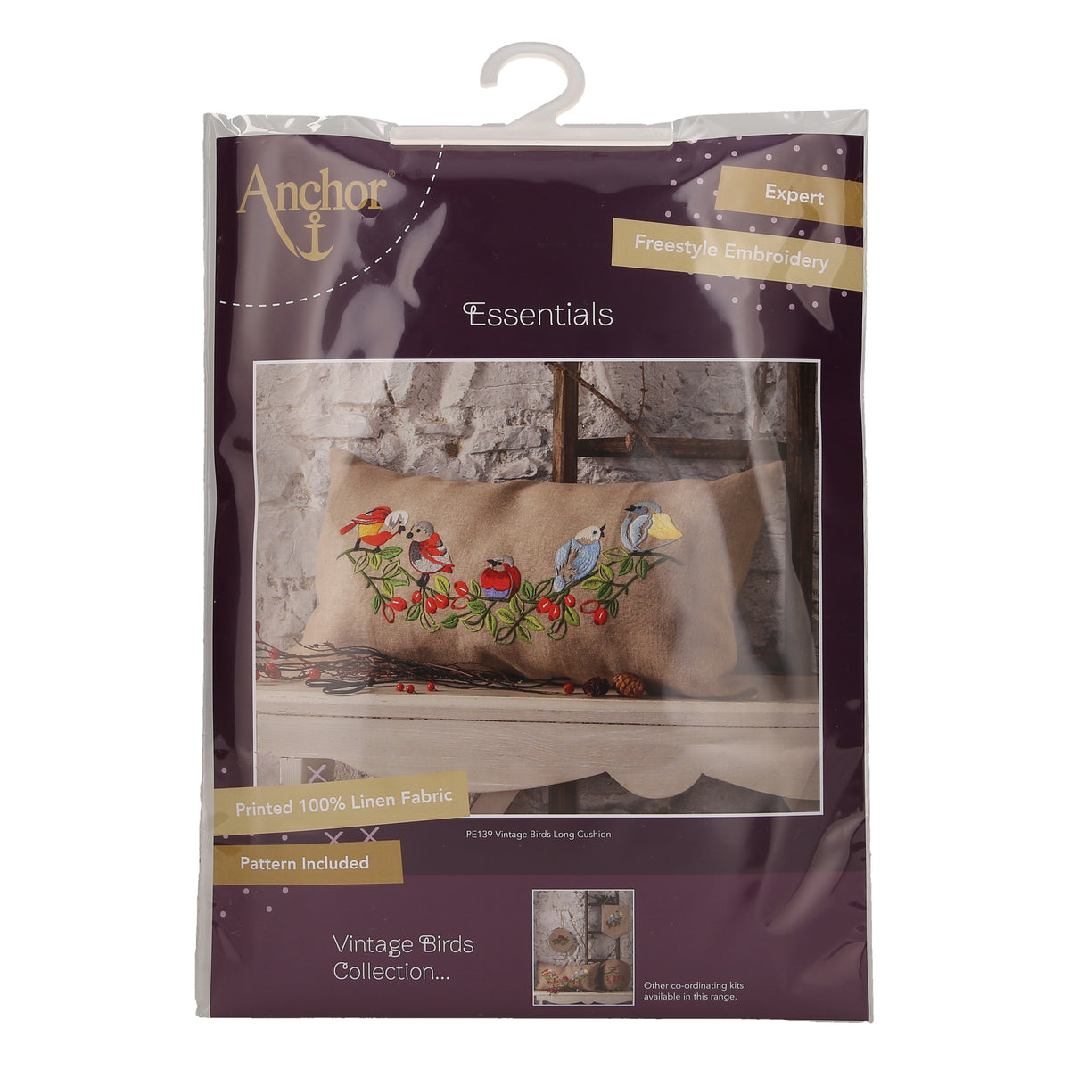 Long embroidered cushion with vintage bird design