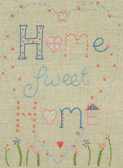 Embroidered Home Sweet Home design on linen