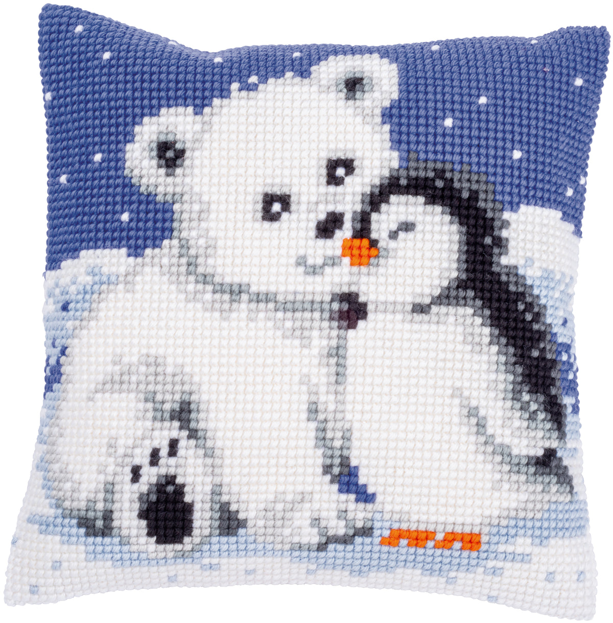 Vervaco cross stitch cushion kit with a polar bear and penguin design