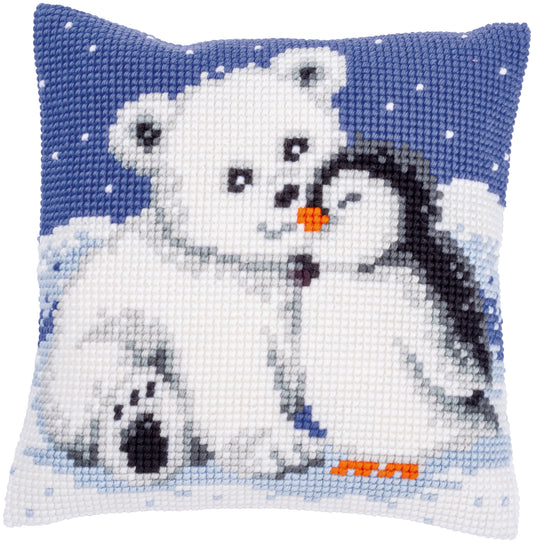 Vervaco cross stitch cushion kit with a polar bear and penguin design