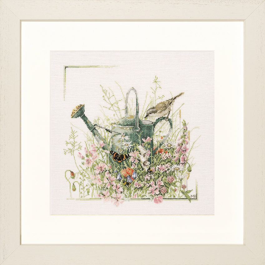 Lanarte Watering Can counted cross stitch kit showing the finished design