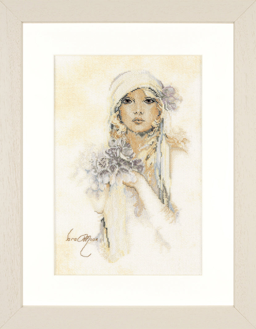 Lanarte Sara Moon Lady with Lilac Flower counted cross stitch kit showing the finished design