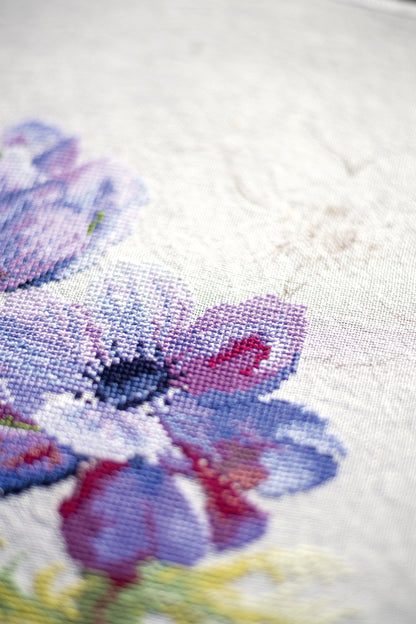 Lanarte Anemone counted cross stitch kit showing the finished design