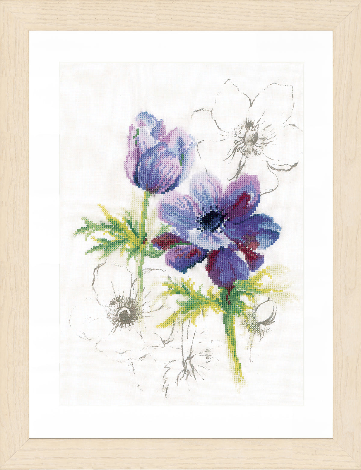 Lanarte Anemone counted cross stitch kit showing the finished design