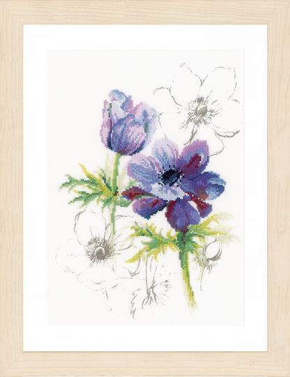 Lanarte Anemone counted cross stitch kit showing the finished design