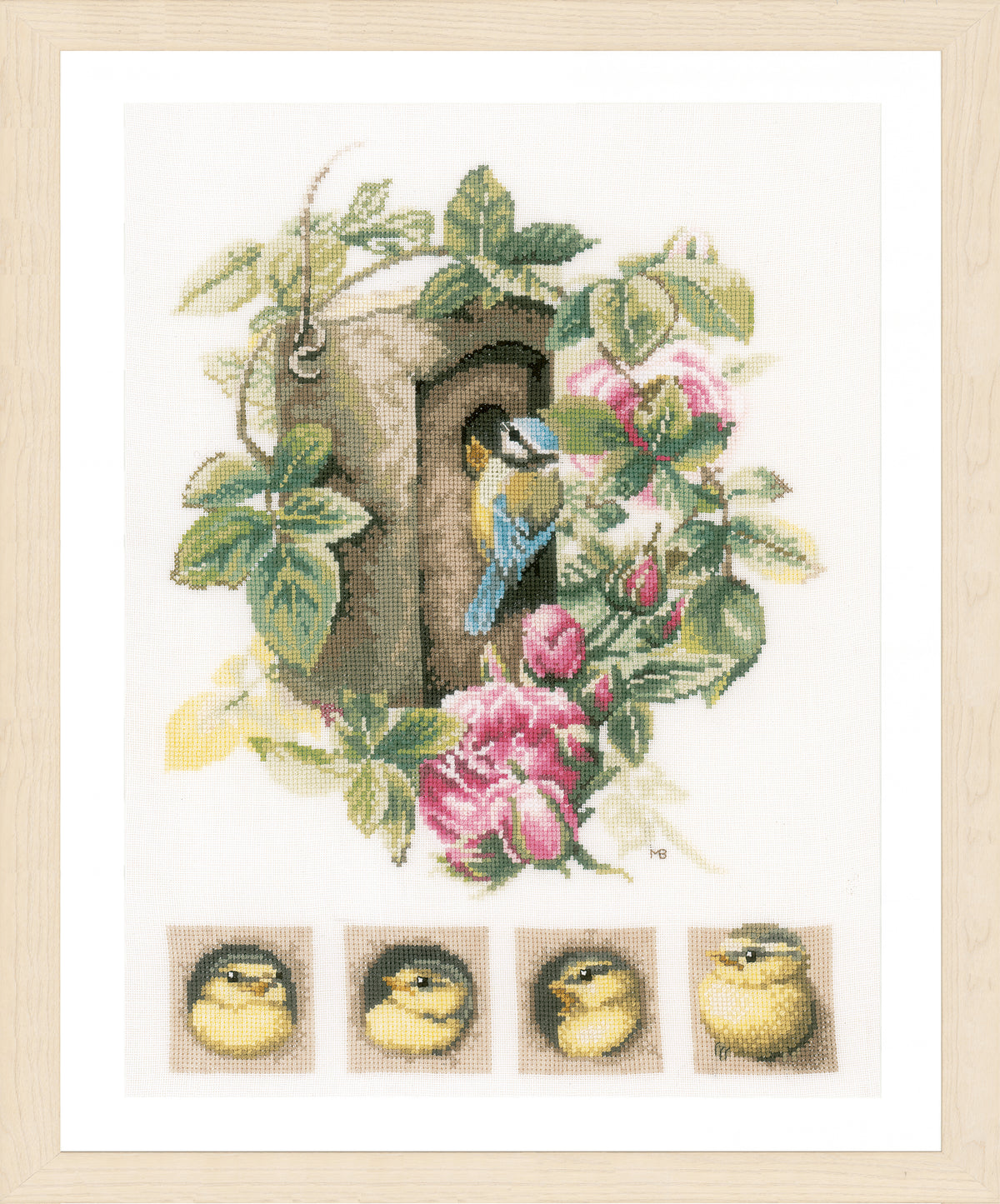 Lanarte Birdhouse with Roses counted cross stitch kit showing the finished design