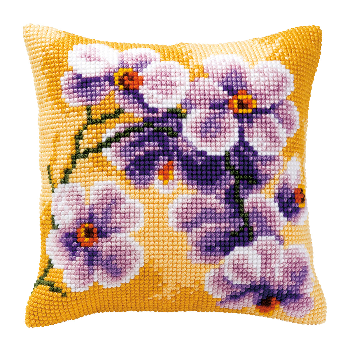 Stitched Vervaco cushion with orchid cross stitch design