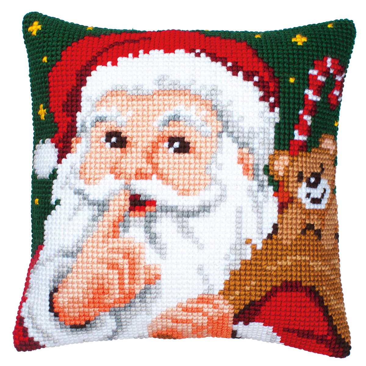 Stitched Vervaco cushion with santa cross stitch design