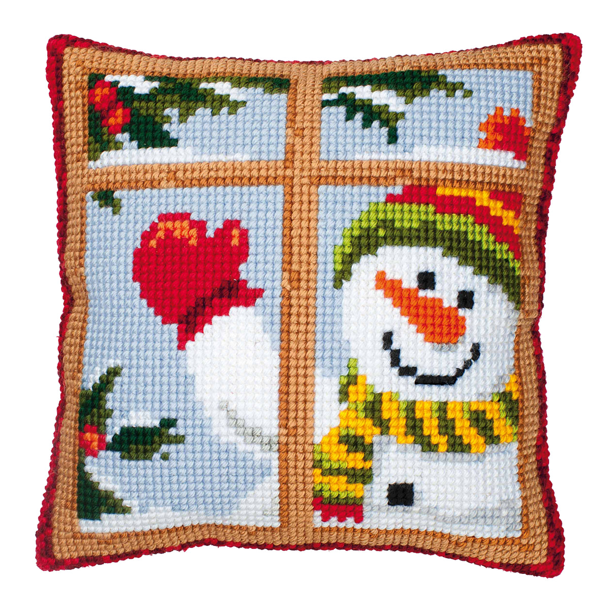 Stitched Vervaco cushion with snowman cross stitch design