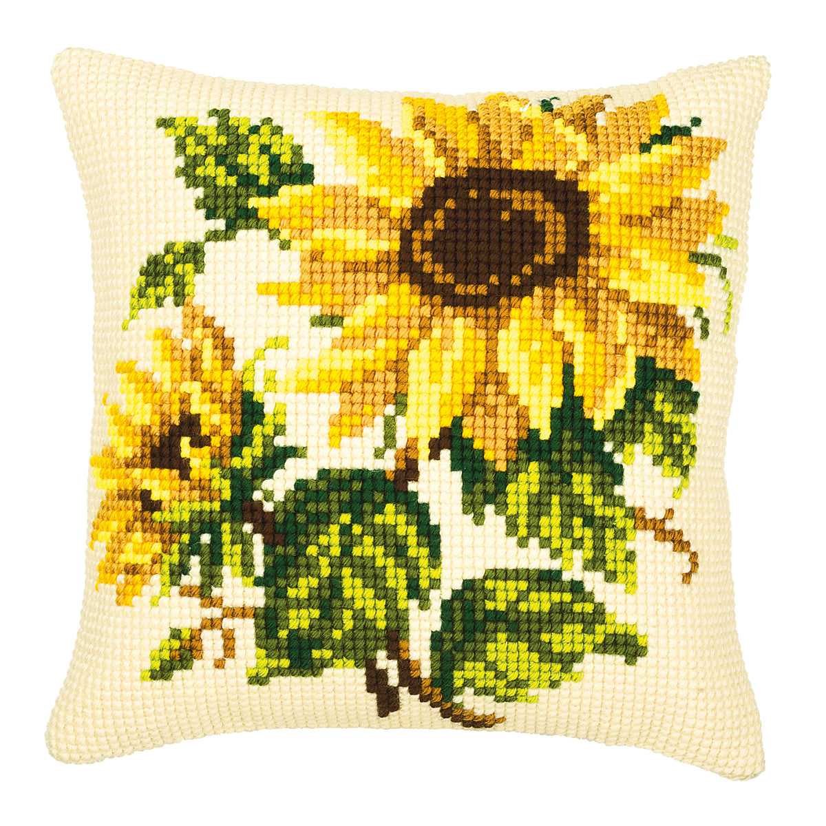 Stitched Vervaco cushion with sunflowers cross stitch design
