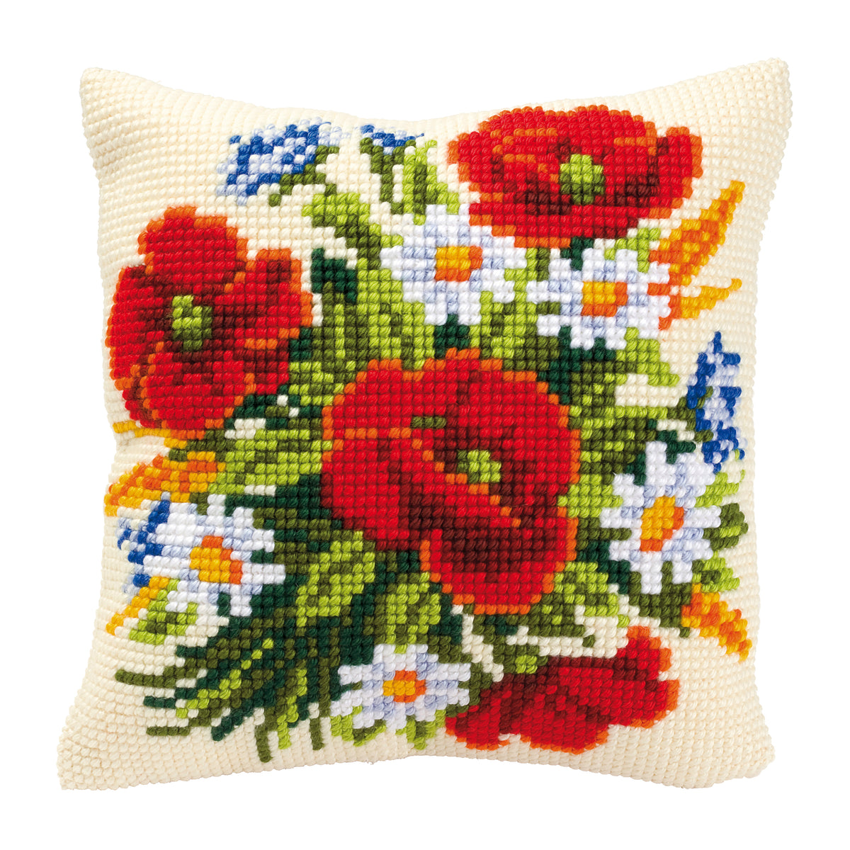 Stitched Vervaco cushion with flowers cross stitch design