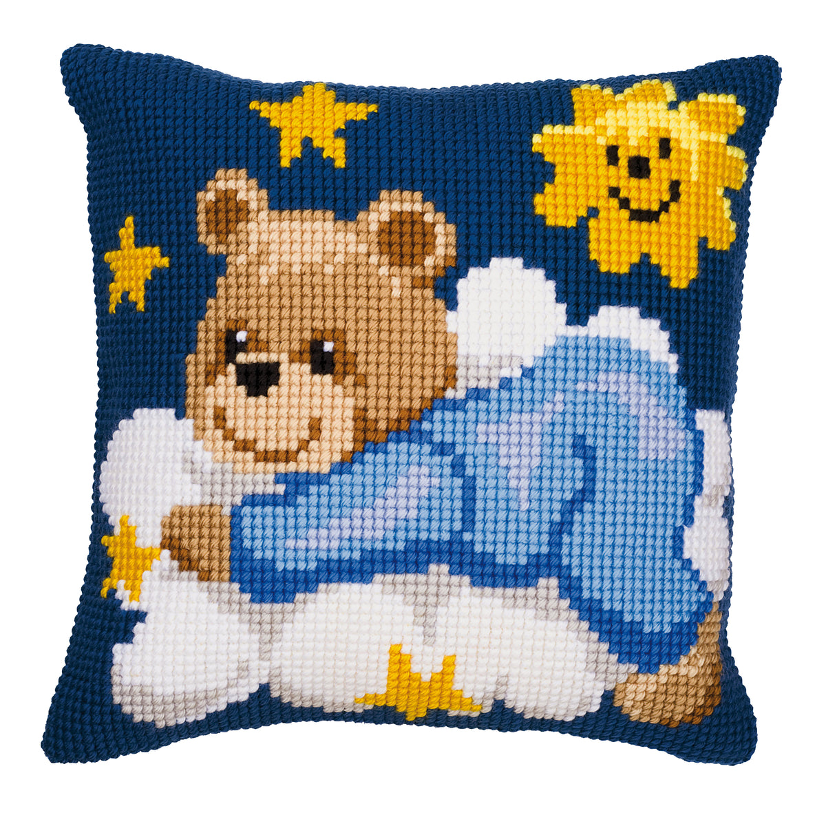 Stitched Vervaco cushion with blue teddy cross stitch design