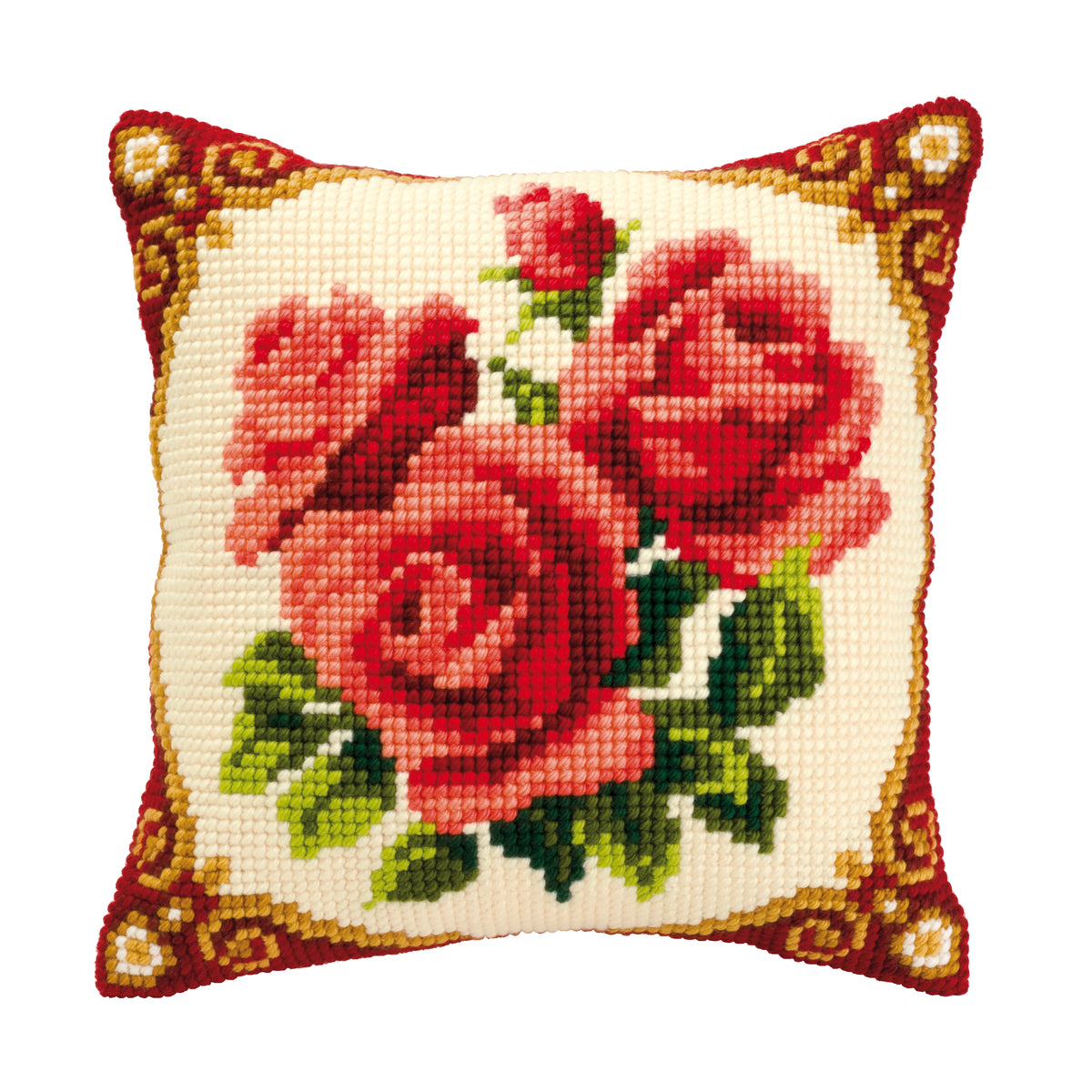 Finished cross stitch cushion showing red roses