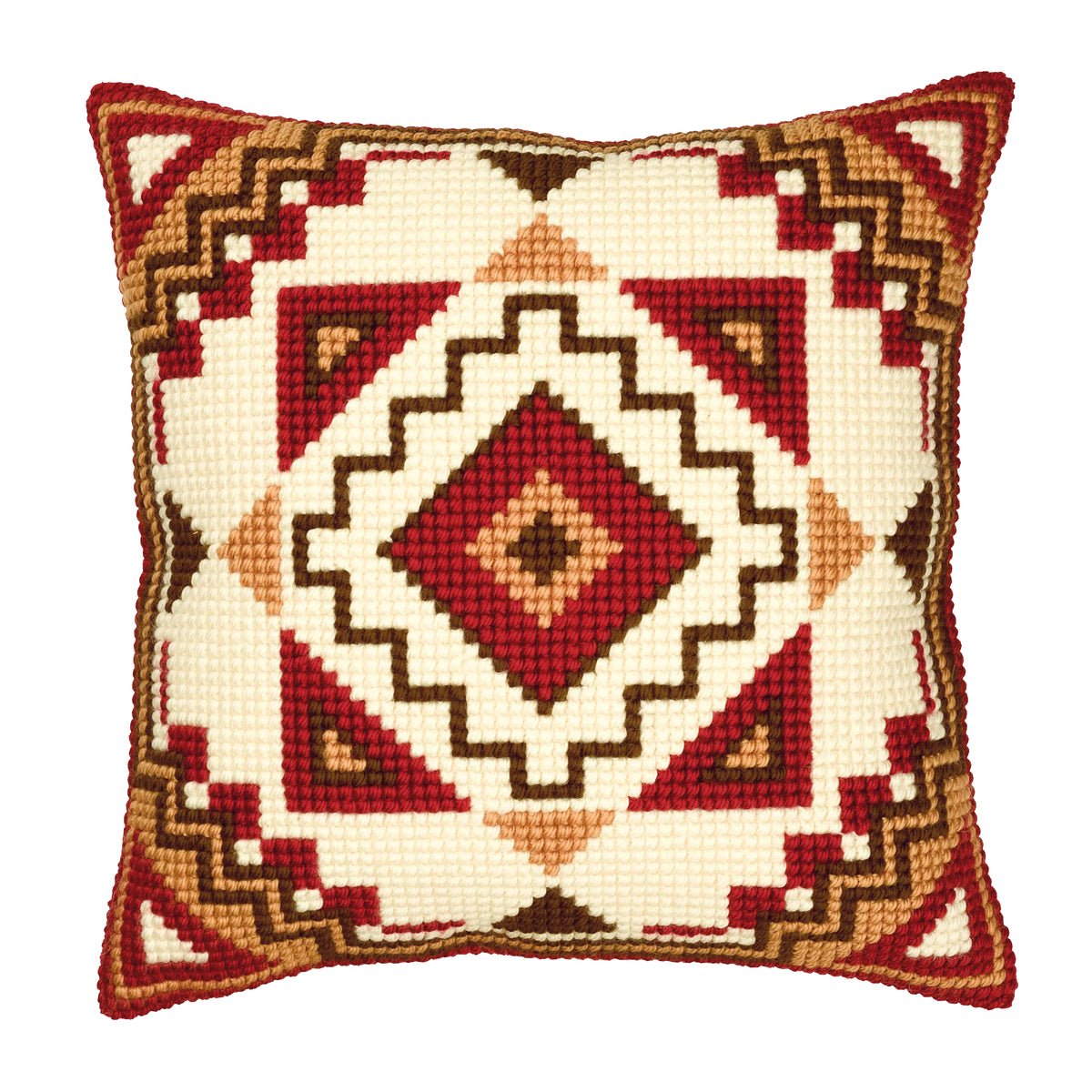 Finished cross stitch cushion showing a red, brown and cream geometric diamond pattern