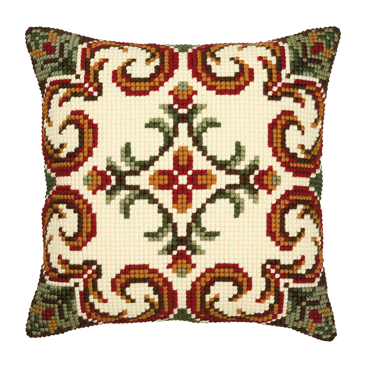 Finished cross stitch cushion showing a cream geometric pattern with red scrolls and green leaves