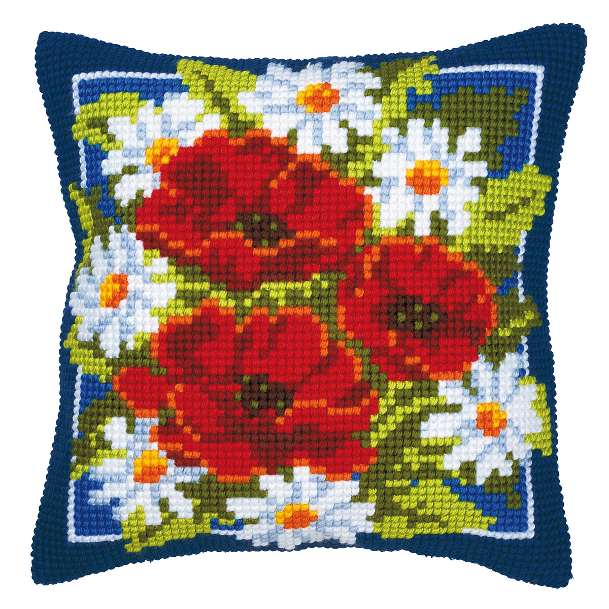 Finished cross stitch cushion showing poppies on a blue background