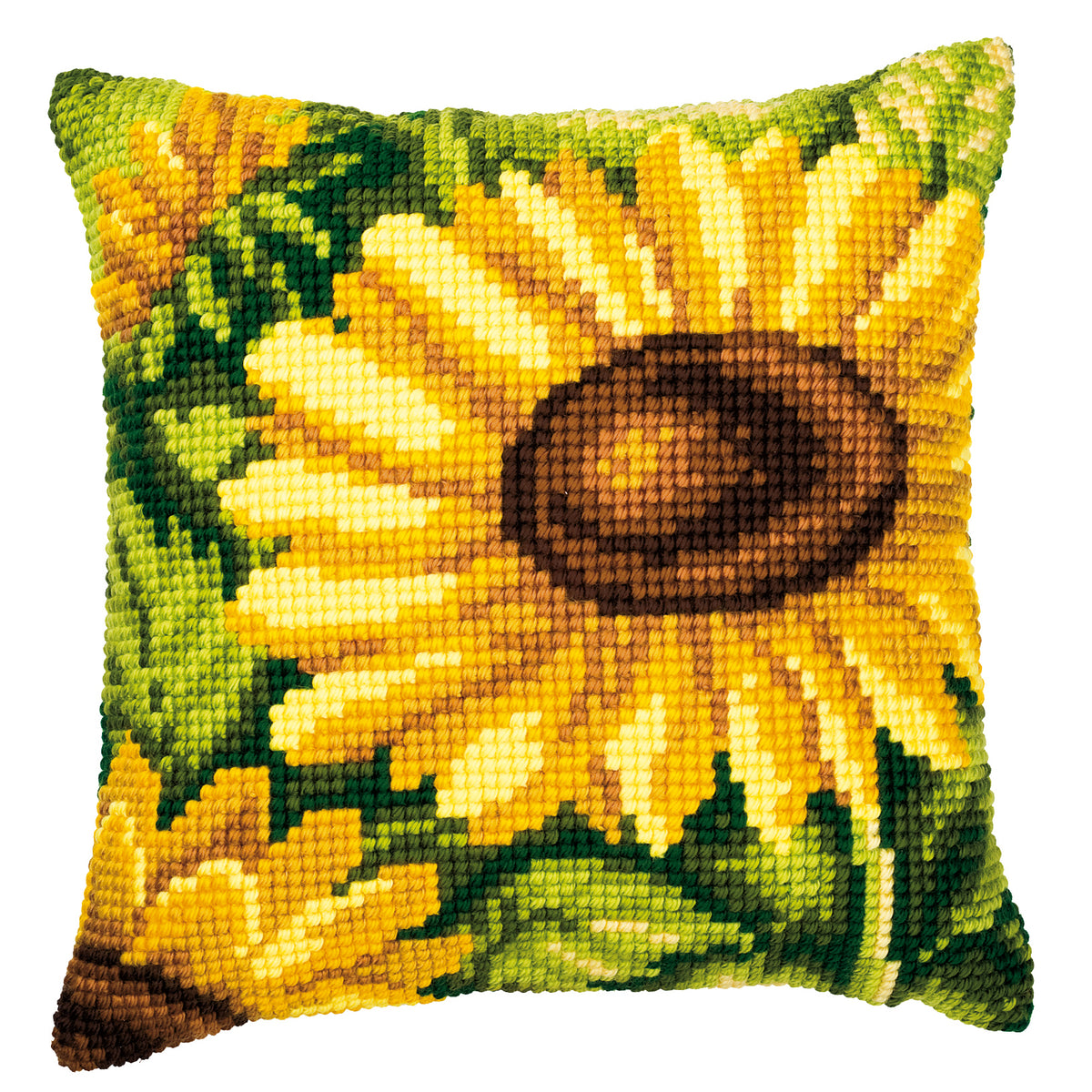 Finished cross stitch cushion showing sunflowers