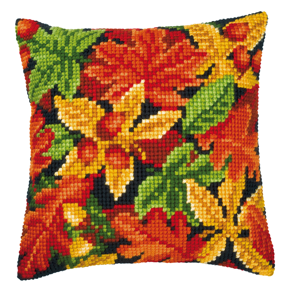 Finished cross stitch cushion showing autumn leaves
