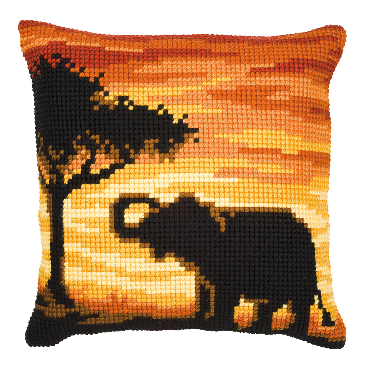 Finished cross stitch cushion showing an elephant at sunset