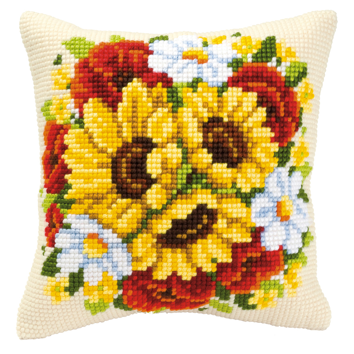 Finished cross stitch cushion showing a floral posy