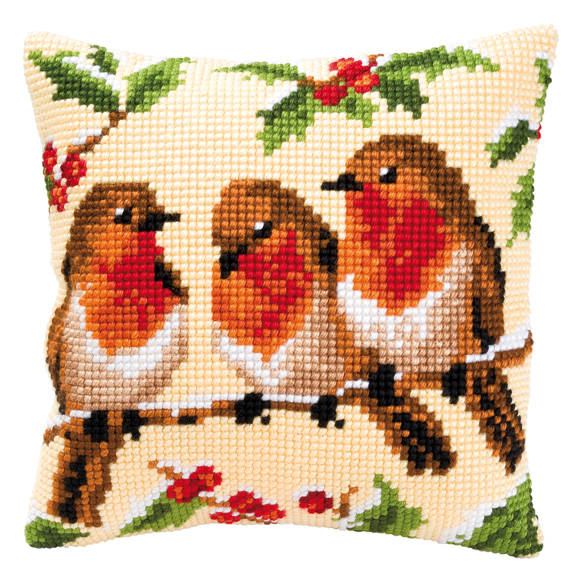 Finished cross stitch cushion showing three robins