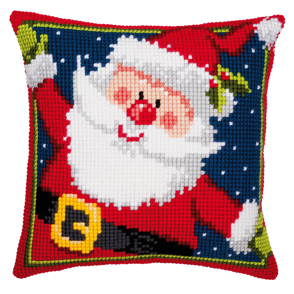 Finished cross stitch cushion showing Father Christmas