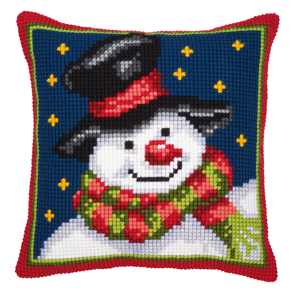 Finished cross stitch cushion showing a snowman