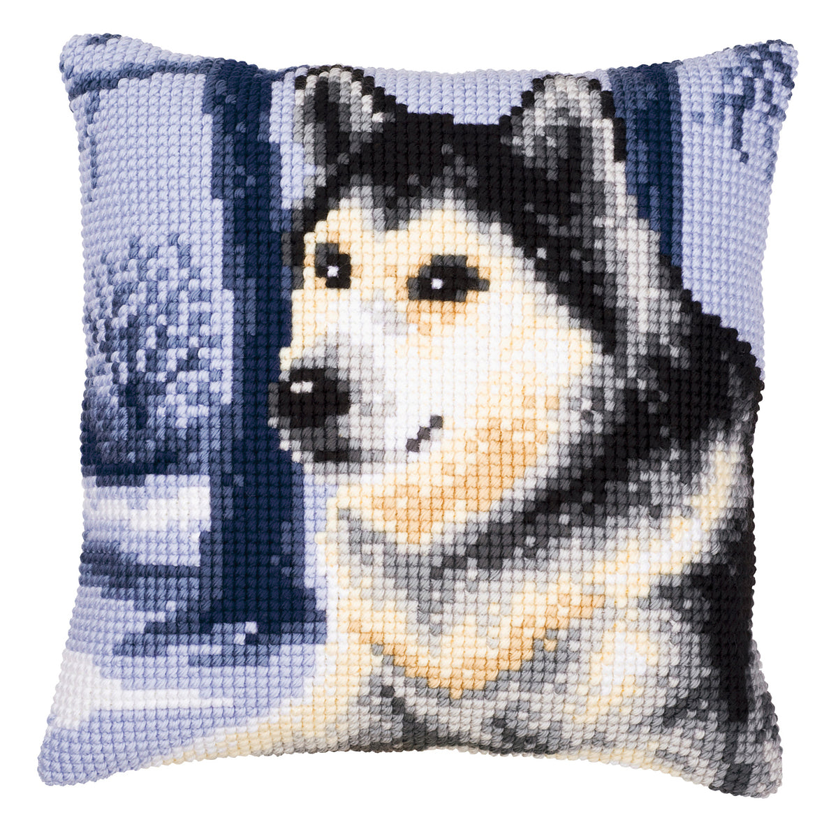 Vervaco Husky cross stitch cushion kit showing the finished cushion design